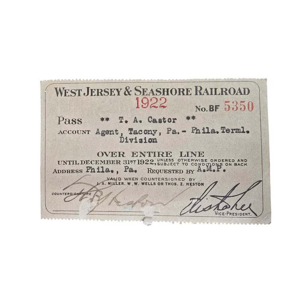 West Jersey & Seashore Railroad 1922 Agent Pass For Entire Line